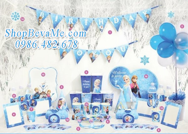 Bộ phụ kiện trang trí tiệc sinh nhật 16 món chủ đề công chúa Frozen
